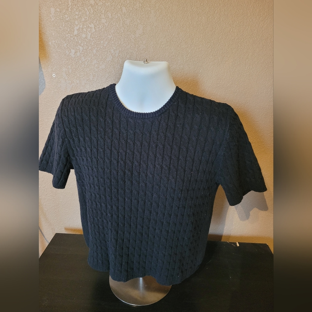Womens Black Cable Knit Short Sleeve Sweater